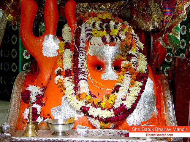 Baba Batuknath offered jalebi by devotees. Only head of Shri Bhairav is shown as Murti.
