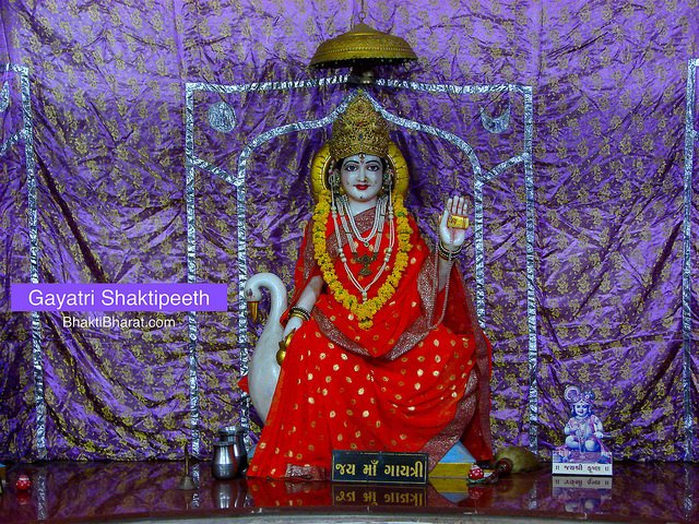 Maa Gayatri in Her Garbhagrah with two more mata Maa Savitri and Maa Kundalini.